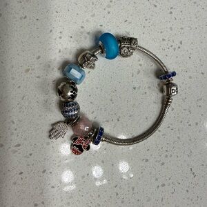 Pandora Silver Bracelet with Blue and Pink Charms
